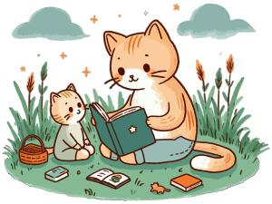 子猫に読み聞かせをする親猫