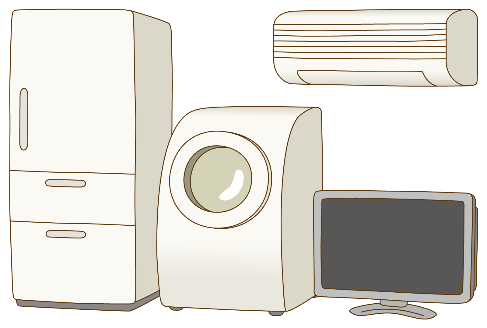 冷蔵庫、洗濯機、エアコン、テレビのイラスト